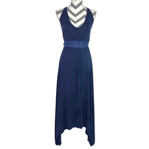 Lucky Brand Long Dress Womens Size XS Deep V Neck Tie Waist Blue Sleeveless